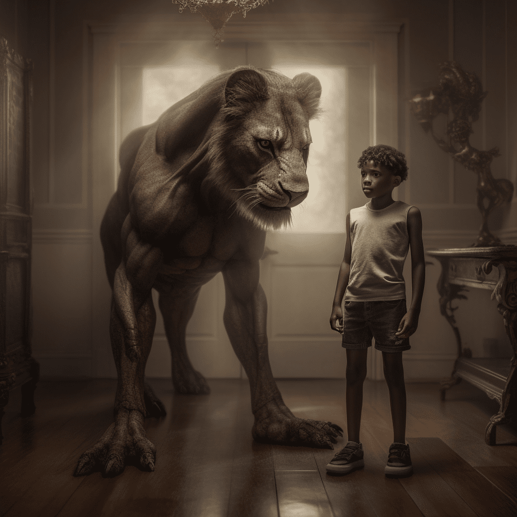 A young boy standing next to a chimera