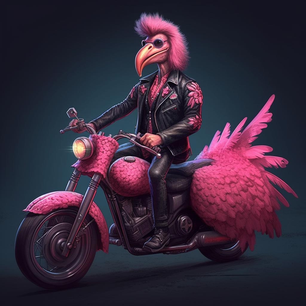 A Gangster Flamingo with a mullet riding a motorbike